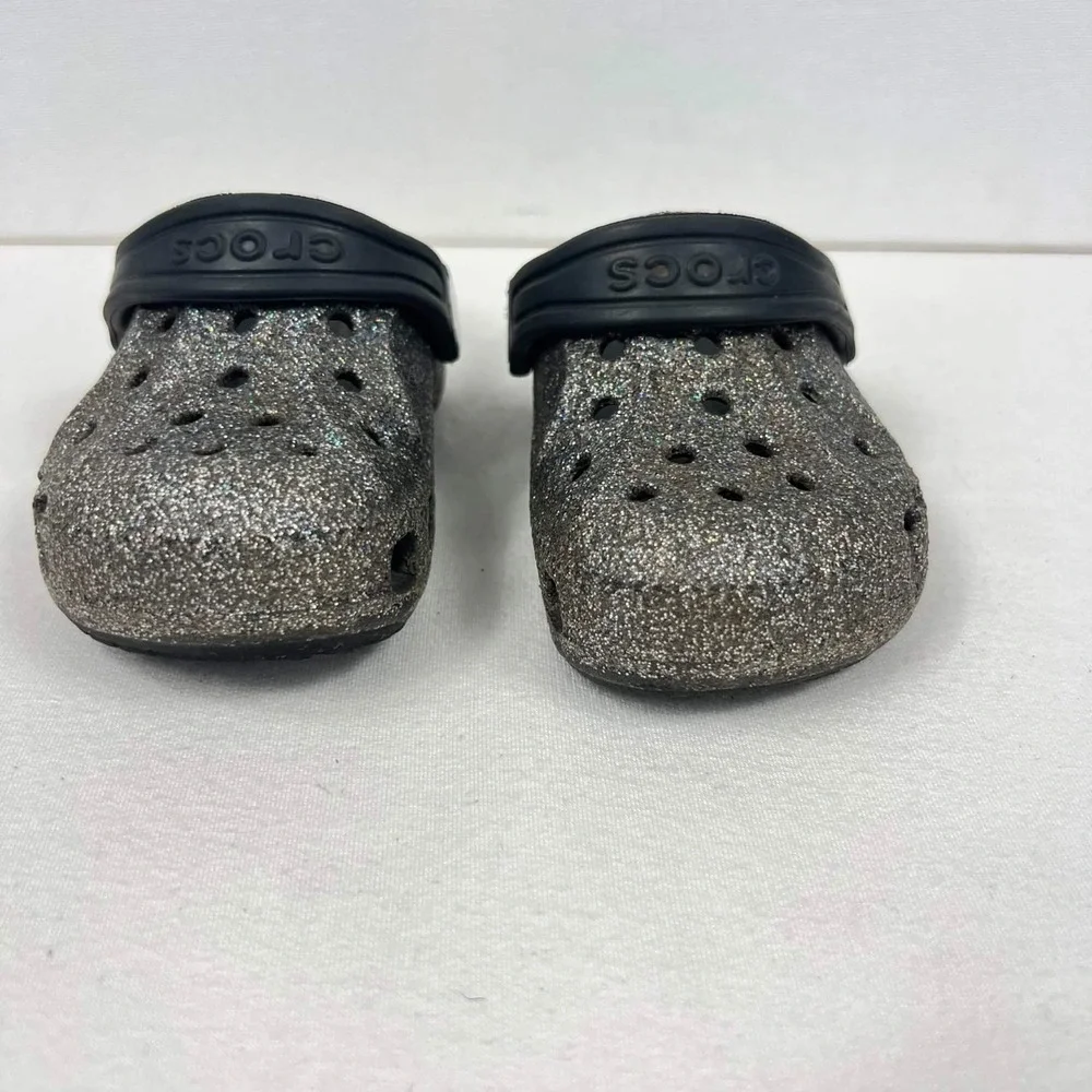 GUC Crocs Classic Glitter Clogs Black Silver Sparkle Shoes Toddler Size 7C